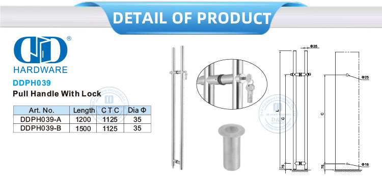 Longa dupla face de aço inoxidável acessórios de ferragem de vidro porta de vidro fechaduras de travamento puxar alça com schlage Lock-DDPH039