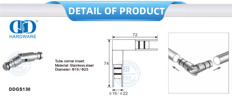 Inserção de canto de tubo, acessórios de vidro de aço inoxidável, ferragens de porta, encaixe de porta de vidro para lavatório Bathroom-DDGS130