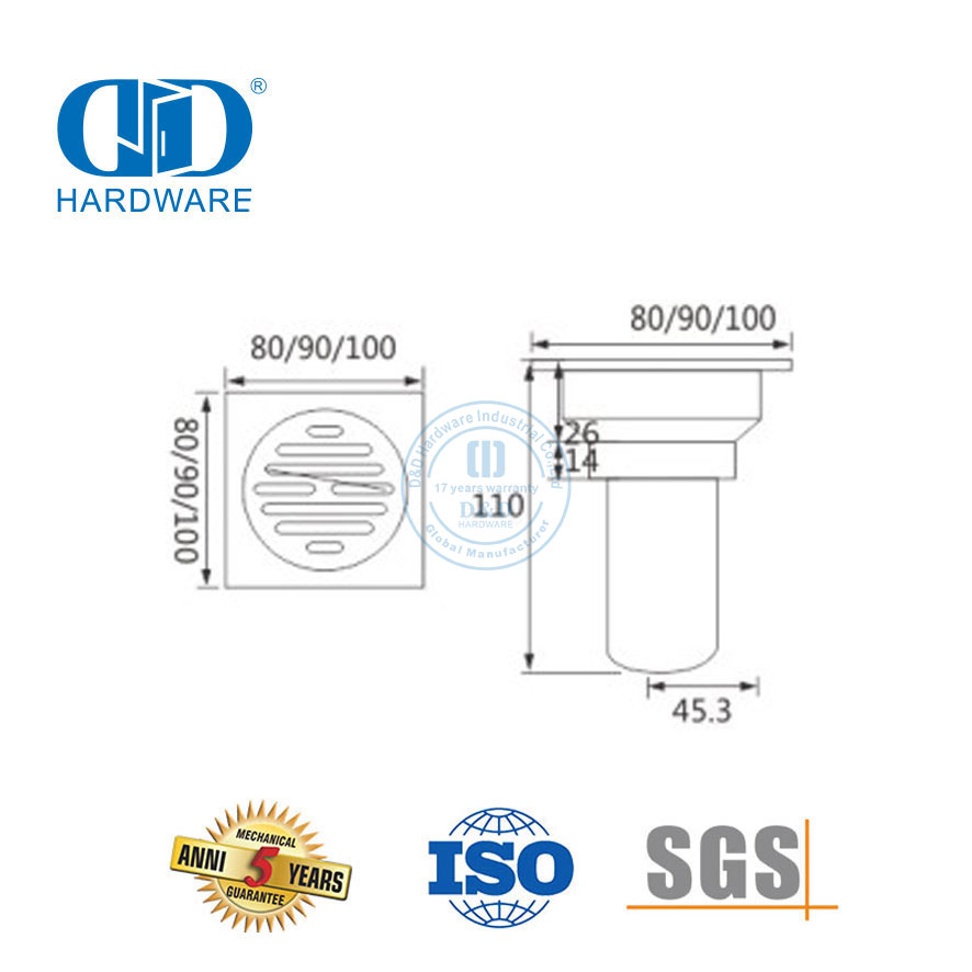 Dreno de piso quadrado de aço inoxidável de alta segurança, dreno de chuveiro de banheiro, hardware para porta de vidro-DDFD0011