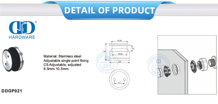 Sistema de pivô de porta de vidro de aço inoxidável, ponto de vidro, encaixe fixo, encaixe Pivot-DDGP021