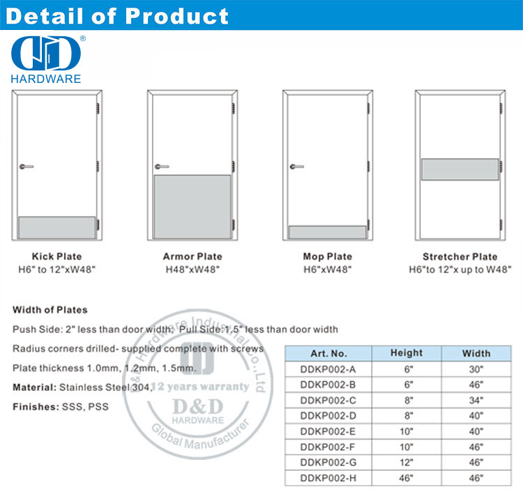 Fábrica mercado americano uso de aço inoxidável armadura protetora comercial inferior metal porta dianteira kick Plate-DDKP002