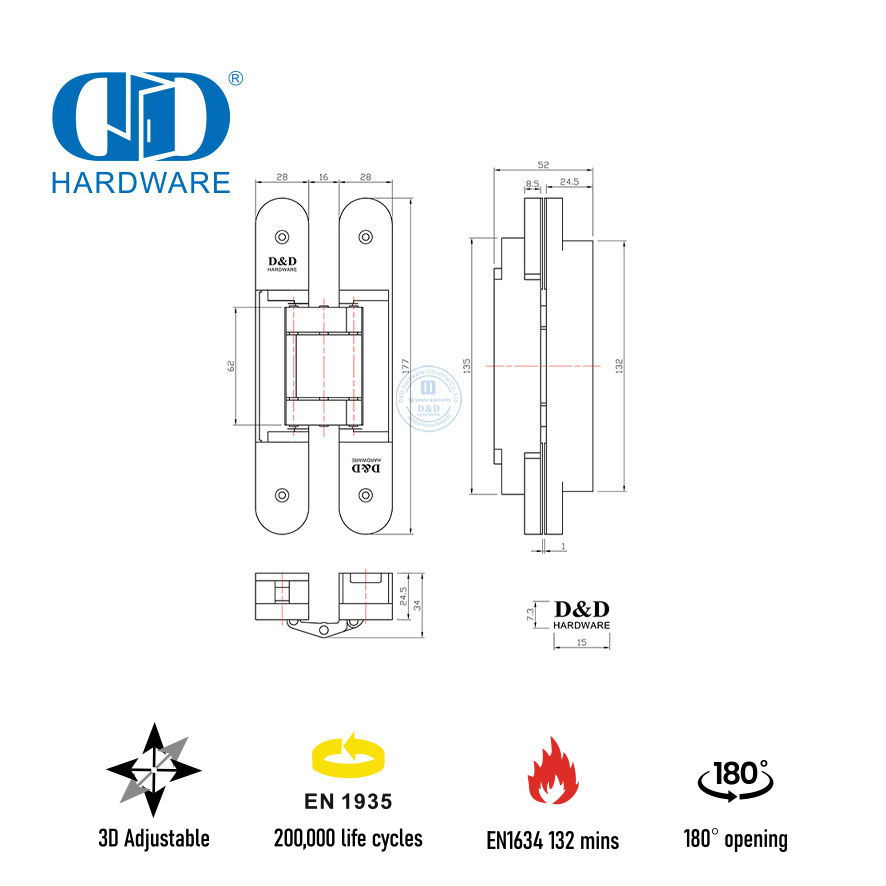 Dobradiça invisível 3D resistente EN1935 de alta qualidade para porta corta-fogo-DDCH008-G80