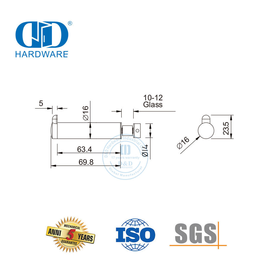 Hardware de aço inoxidável para banheiro, braçadeira de vidro, parada de porta de vidro com gancho-DDWC005