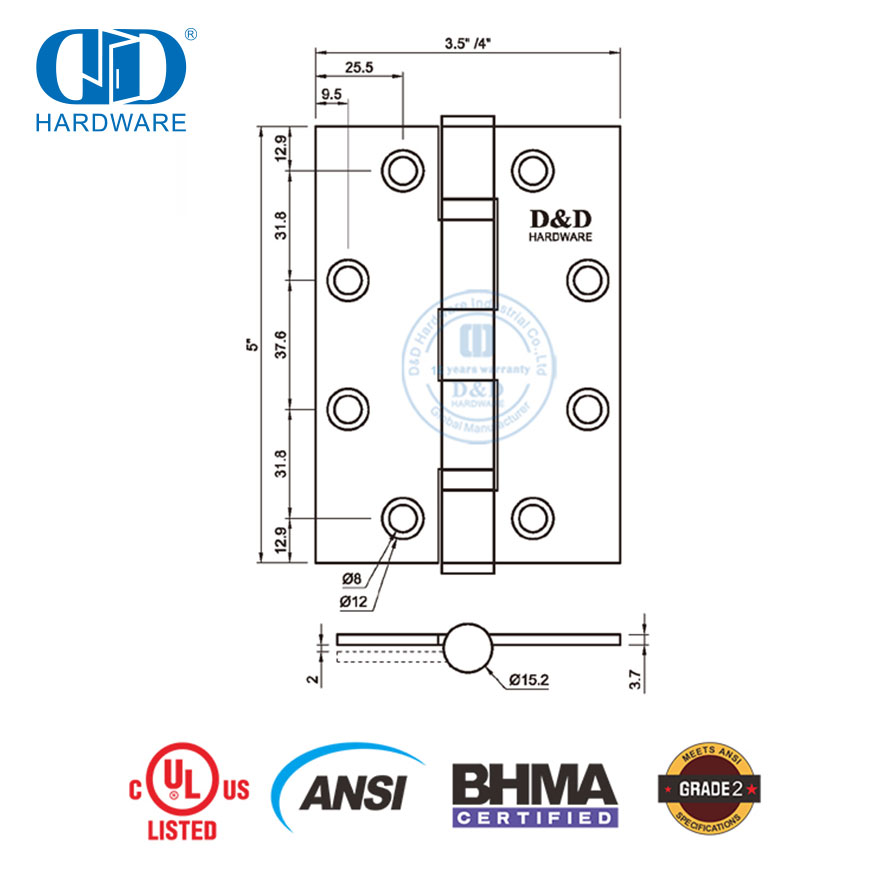 Dobradiça de porta de madeira comercial de canto quadrado à prova de fogo ANSI certificado BHMA-DDSS001-ANSI-2