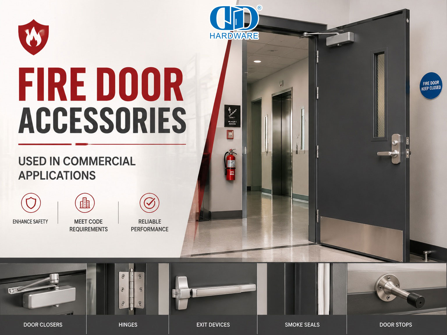 Fire Door Accessories Used in Commercial Applications Acessórios para portas corta-fogo usados em aplicações comerciais